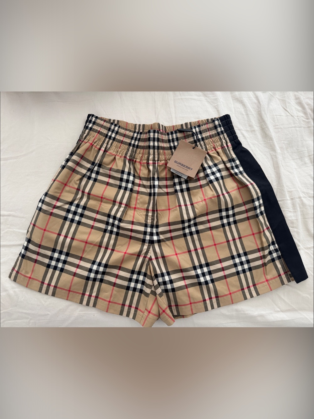 Burberry Beige Plaid Elastic Waist Shorts with Black Trim